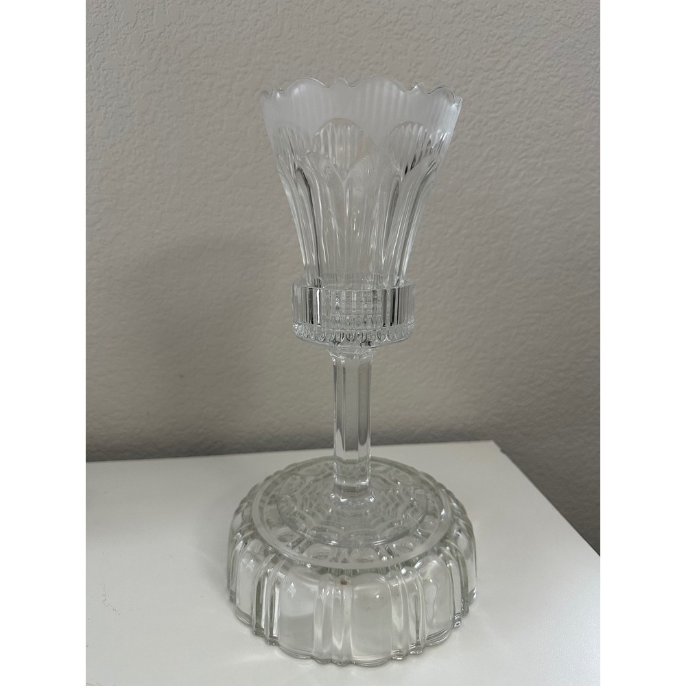 Vintage Crystal Tulip Candlestick Holder Frosted Scalloped Hurricane Base 12"